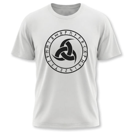 Norse rune circle t-shirt featuring Odin's triple horn symbol and Elder Futhark runes graphic.