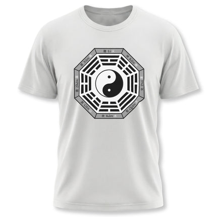 Graphic t-shirt featuring the Yin Yang symbol surrounded by the Bagua and Eight Trigrams of Taoism.