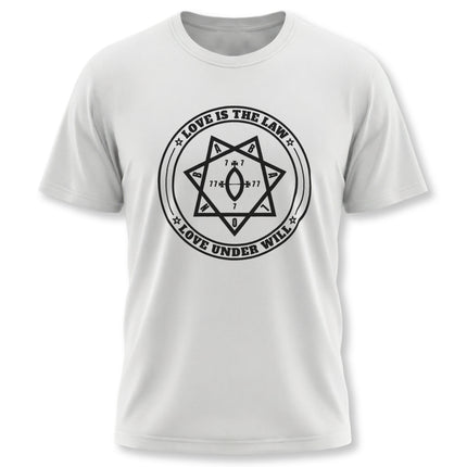 Love Is The Law Star of Babalon occult symbol graphic tee featuring Thelema magic design.