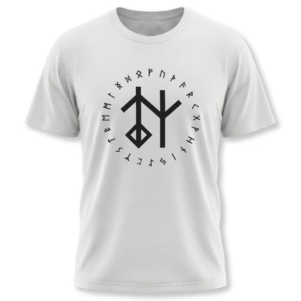 Bind rune and Elder Futhark Viking runes graphic tee on a white shirt.