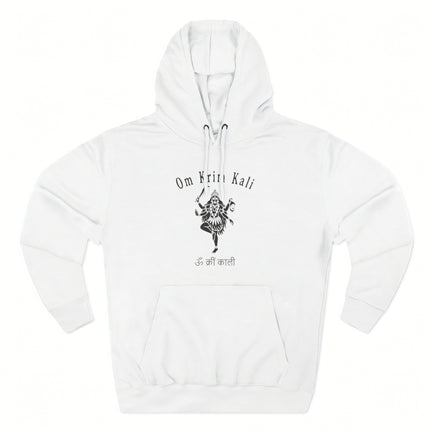 Om Krim Kali mantra graphic on a white hoodie featuring Goddess Kali art.