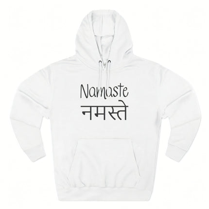 White pullover hoodie featuring the Namaste spiritual greeting in English and Hindi Devanagari script.