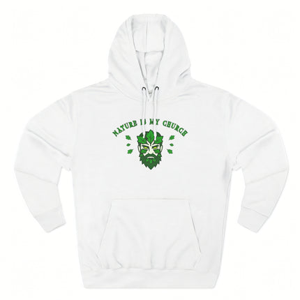Green Man nature hoodie featuring "Nature Is My Church" text and pagan spirit design.