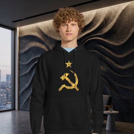 Distressed yellow hoodie featuring a communist USSR hammer and sickle graphic print.