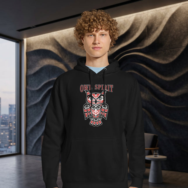 "OWL SPIRIT" Red & Black Indigenous Owl Hoodie | Pacific Northwest Art Hoodie