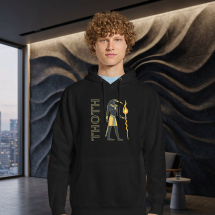 Ancient Egyptian Thoth god hoodie featuring a flaming staff graphic print pullover.