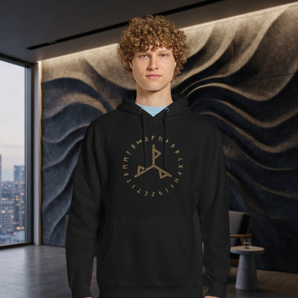 Norse Futhark runes circle graphic on black viking pullover hoodie.