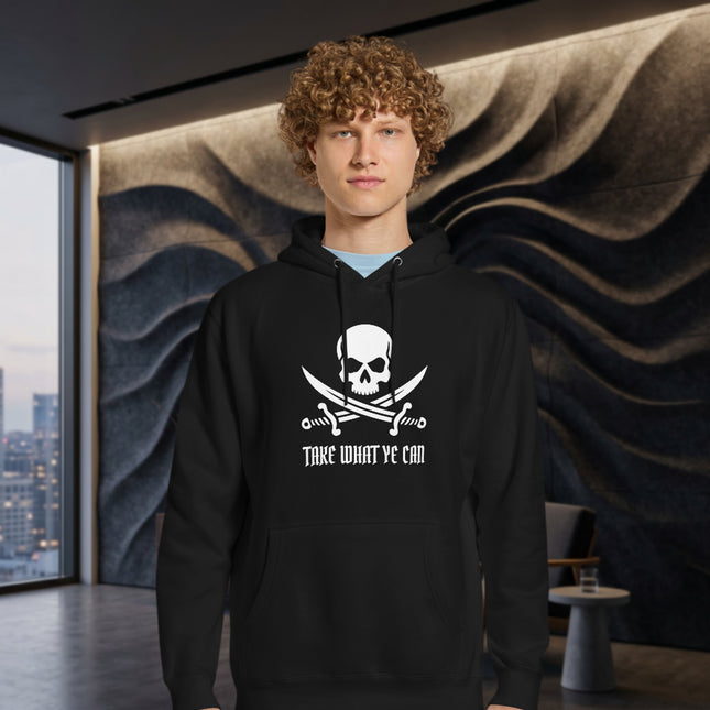 Jolly Roger skull sabers hoodie with "Take What Ye Can" pirate quote.