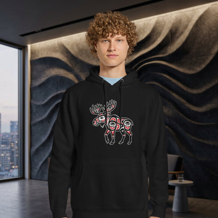 Moose art pullover fleece featuring northwest coast tribal graphic designs.