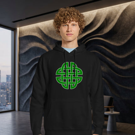 Green unisex hoodie featuring a detailed Celtic knot graphic print on a green pullover sweatshirt.