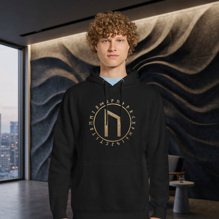 Gold Uruz Rune Viking hoodie featuring the Elder Futhark Norse mythology symbol.