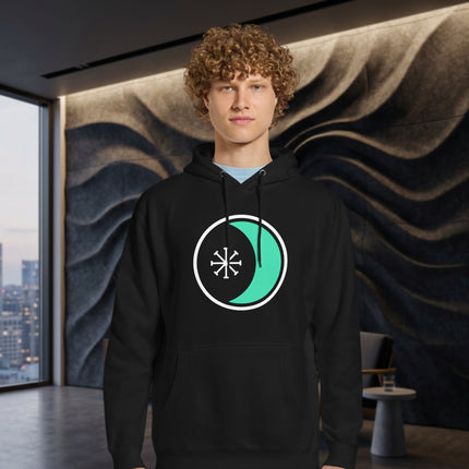 Wicca pagan pullover hoodie featuring crescent moon, stars, and mystical seax symbol designs.