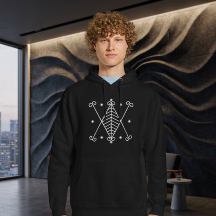 Black pullover hoodie with mystical Voodoo and celestial graphic print design.