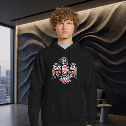 Indigenous hawk art pullover hoodie featuring a Northwest Coast tribal symbol design.