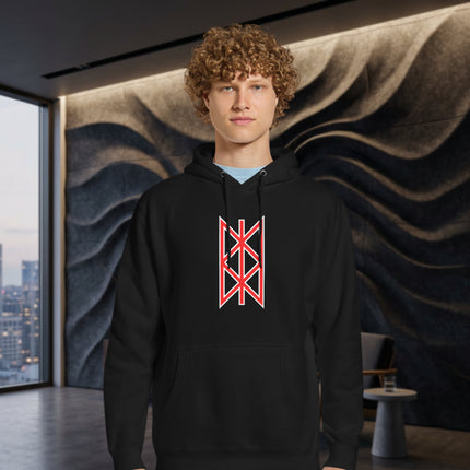 Red Viking Web of Wyrd graphic pullover hoodie featuring Norse mythology designs.