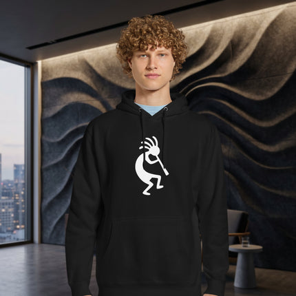 Kokopelli flute player graphic printed on a unisex pullover hoodie sweatshirt.