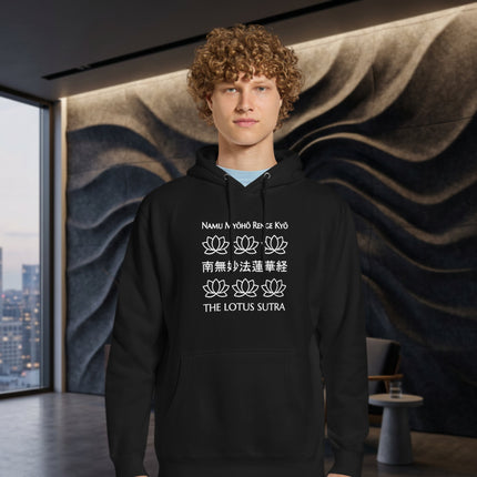 Namu Myoho Renge Kyo mantra hoodie featuring Lotus Sutra and Buddhist Kanji script print.