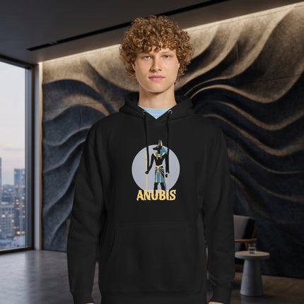 Anubis Egyptian mythology graphic print on unisex pullover hoodie featuring ancient jackal god art.