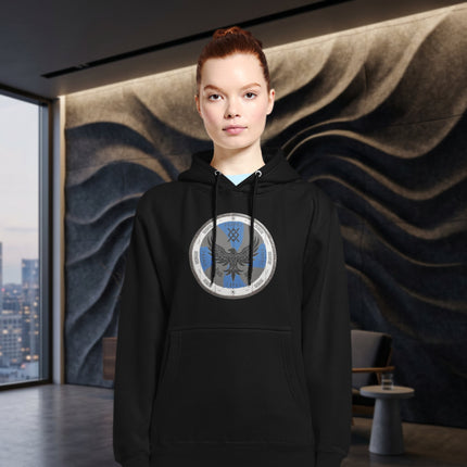 Viking raven and shield design featuring Norse mythology warrior art printed on a black hoodie.