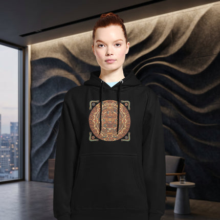 Ancient Maya civilization calendar print pullover hoodie featuring intricate glyphs.