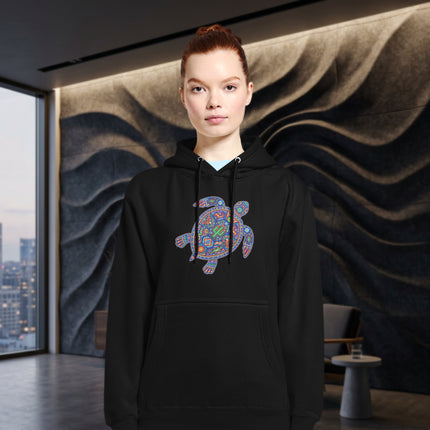 Huichol turtle graphic pullover hoodie featuring vibrant Mexican folk art designs.