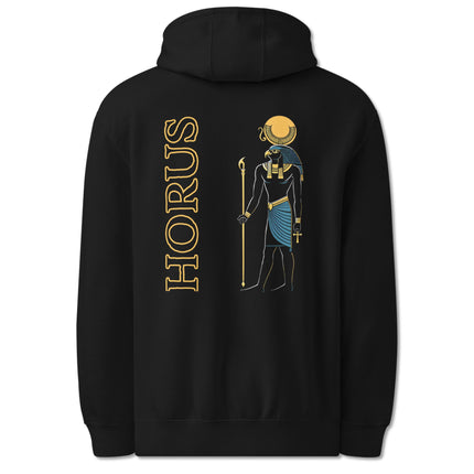 Horus Egyptian god back print hoodie featuring a detailed falcon and sun mythology design.
