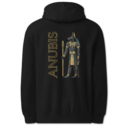 Anubis Egyptian god back print hoodie featuring ancient mythology artwork.