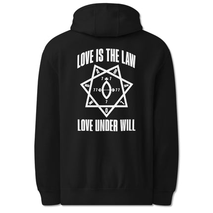 Love Is The Law Love Under Will Thelema graphic print on a unisex pullover hoodie.