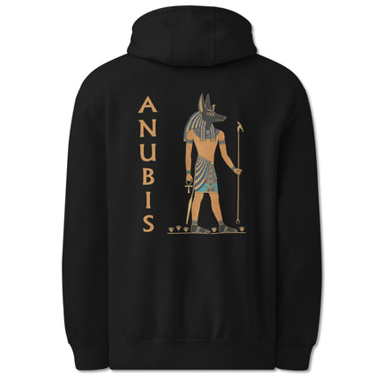 Anubis back print hoodie featuring ancient Egyptian mythology design on a black pullover.
