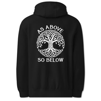 Tree of Life Celtic knot back print hoodie featuring "As Above So Below" graphic design.