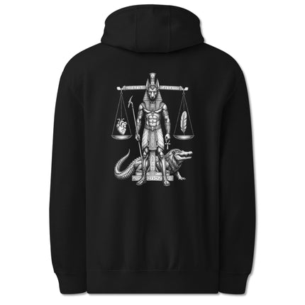 Anubis weighing heart and feather scale graphic on Egyptian pullover hoodie print.