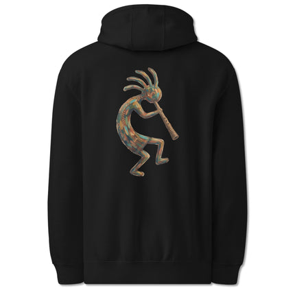 Colorful southwest Kokopelli playing a flute graphic printed on the back of the pullover hoodie.