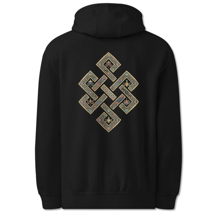 Golden Endless Knot symbol printed on back of pullover hoodie; Tibetan Buddhist design.