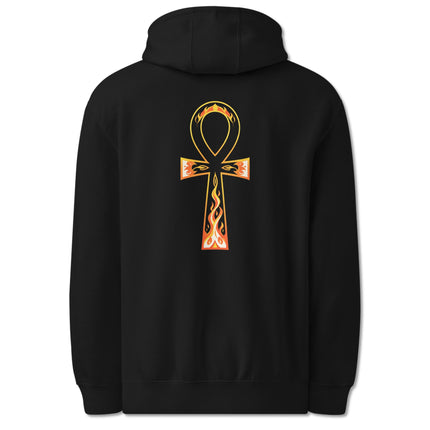 Ankh and flame back print on a black Egyptian-themed pullover hoodie.