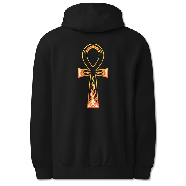 Ankh Flame Back Print Hoodie | Egyptian Life Symbol Graphic Pullover Fleece