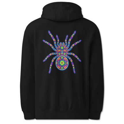 Colorful Huichol tarantula spider graphic on a Mexican folk art pullover hoodie print.
