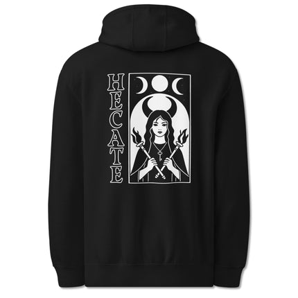 Hecate Triple Moon Goddess back print hoodie featuring occult witchy celestial art.