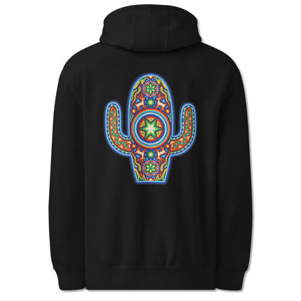 Colorful Huichol cactus print hoodie featuring vibrant Mexican indigenous art on the back.
