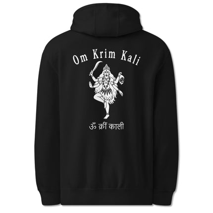 Kali Goddess Om Krim mantra print on a spiritual Hindu mythology hoodie back design.