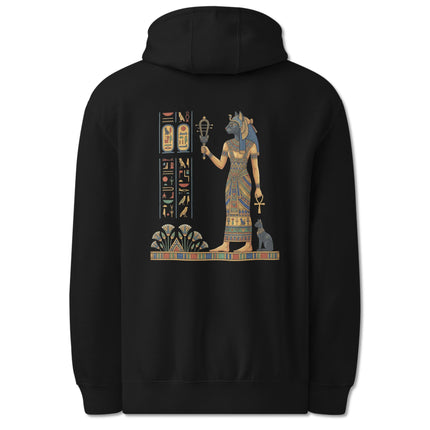 Bastet Egyptian Cat Goddess hoodie featuring hieroglyphs and Ankh symbol back print design.