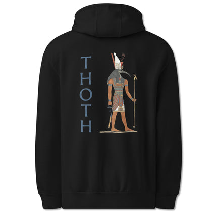 Thoth Egyptian god back print hoodie featuring ancient mythology artwork and design.