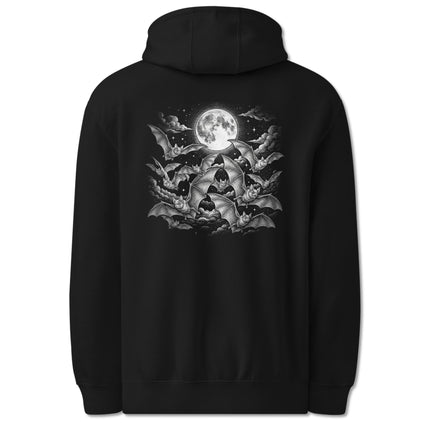 Gothic hoodie featuring flying bats, crescent moon, and celestial night sky graphic back print.