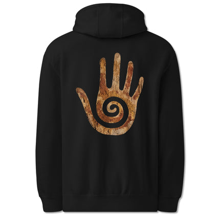 Hopi healing hand and spiral native American symbols printed on the back of the pullover hoodie.