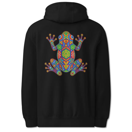 Colorful Huichol geometric frog print pullover hoodie with indigenous patterns on the back.