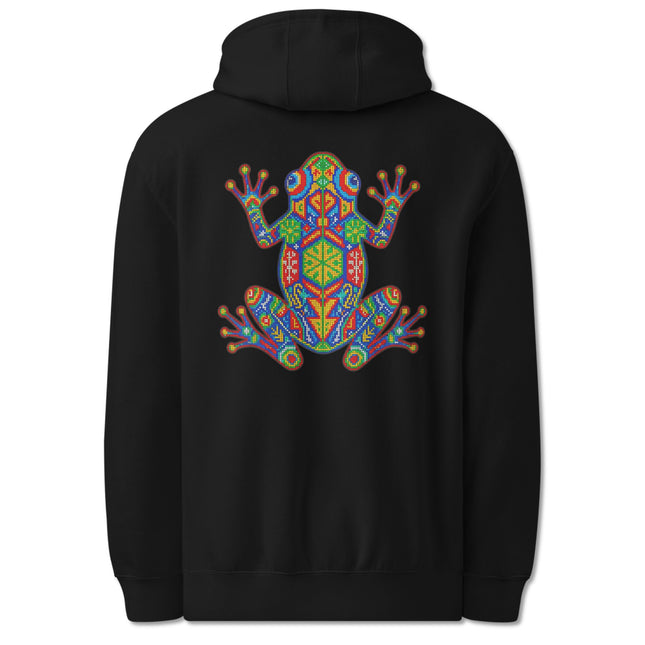 Huichol Frog Back Print Hoodie | Colorful Geometric Indigenous Pullover Hoodie