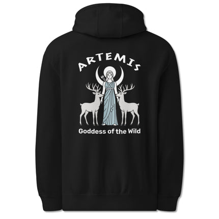 Artemis goddess back print hoodie featuring a celestial moon and wild deer Greek mythology motif.