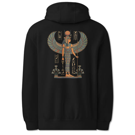 Isis Egyptian Goddess back print hoodie featuring ancient mythology artwork on a pullover design.