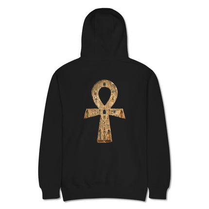 Ancient Egyptian Ankh symbol hoodie featuring detailed hieroglyphics print on the back.
