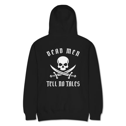 Dead Men Tell No Tales pirate skull graphic with swords printed on the back of a black hoodie.