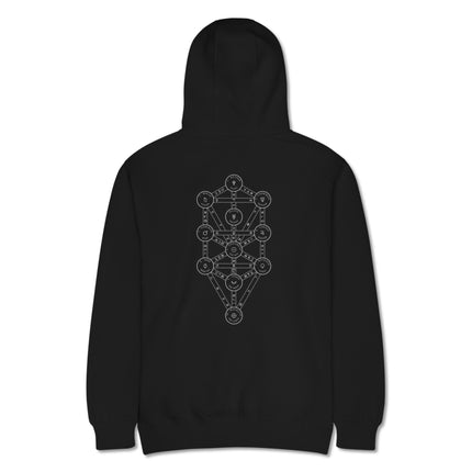 Kabbalah Tree of Life diagram with Sephirot symbols printed on a pullover hoodie.